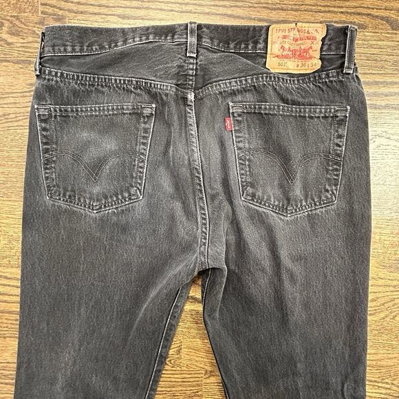 Vintage 90s Levis 501 Jeans Men 36x34 Black Straight Button Fly Denim Distressed - Picture 12 of 13
